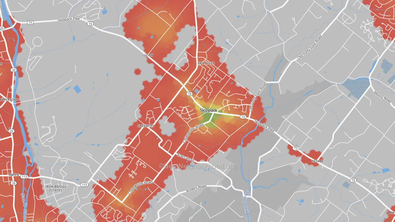Walk Grade map of 19474, PA, walkable areas in green and car-dependent areas in red