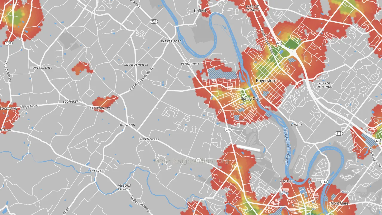 Walk Grade map of 19475, PA, walkable areas in green and car-dependent areas in red