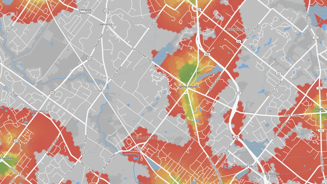 Walk Grade map of 19477, PA, walkable areas in green and car-dependent areas in red