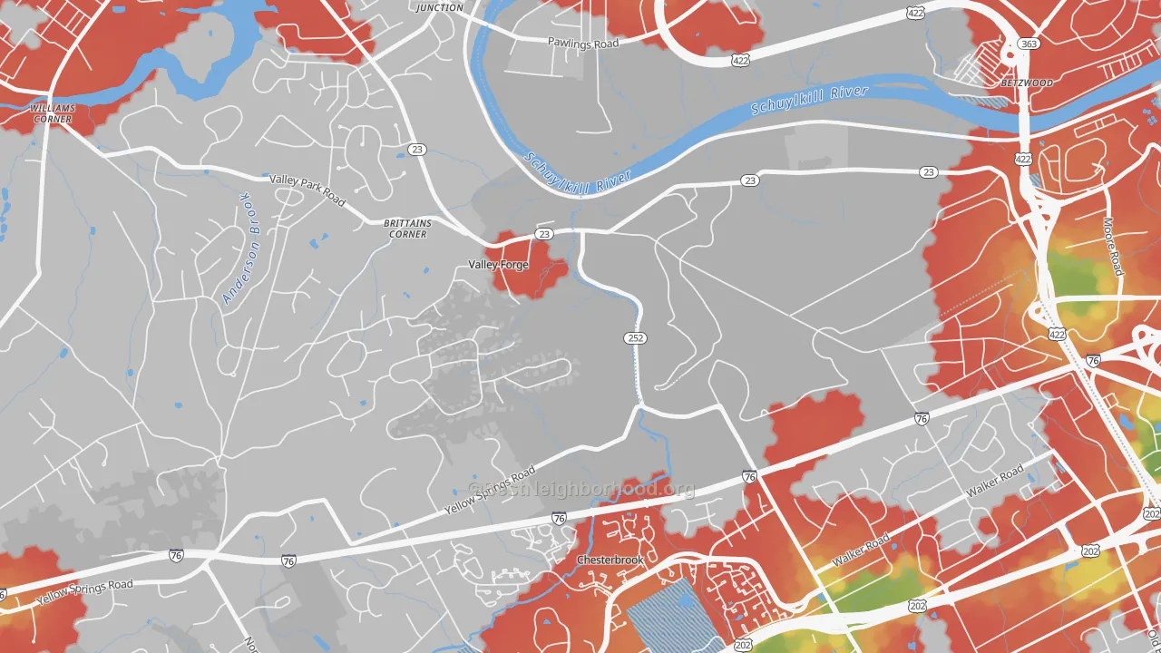Walk Grade map of 19481, PA, walkable areas in green and car-dependent areas in red