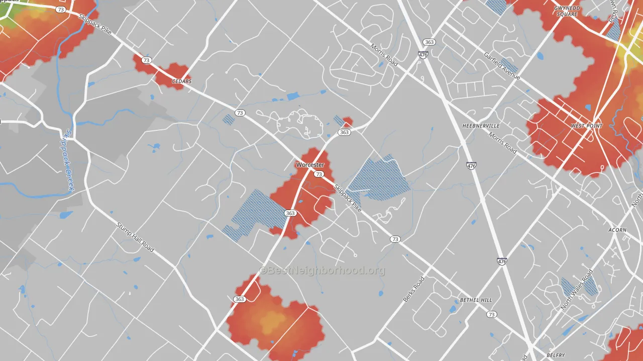 Walk Grade map of 19490, PA, walkable areas in green and car-dependent areas in red