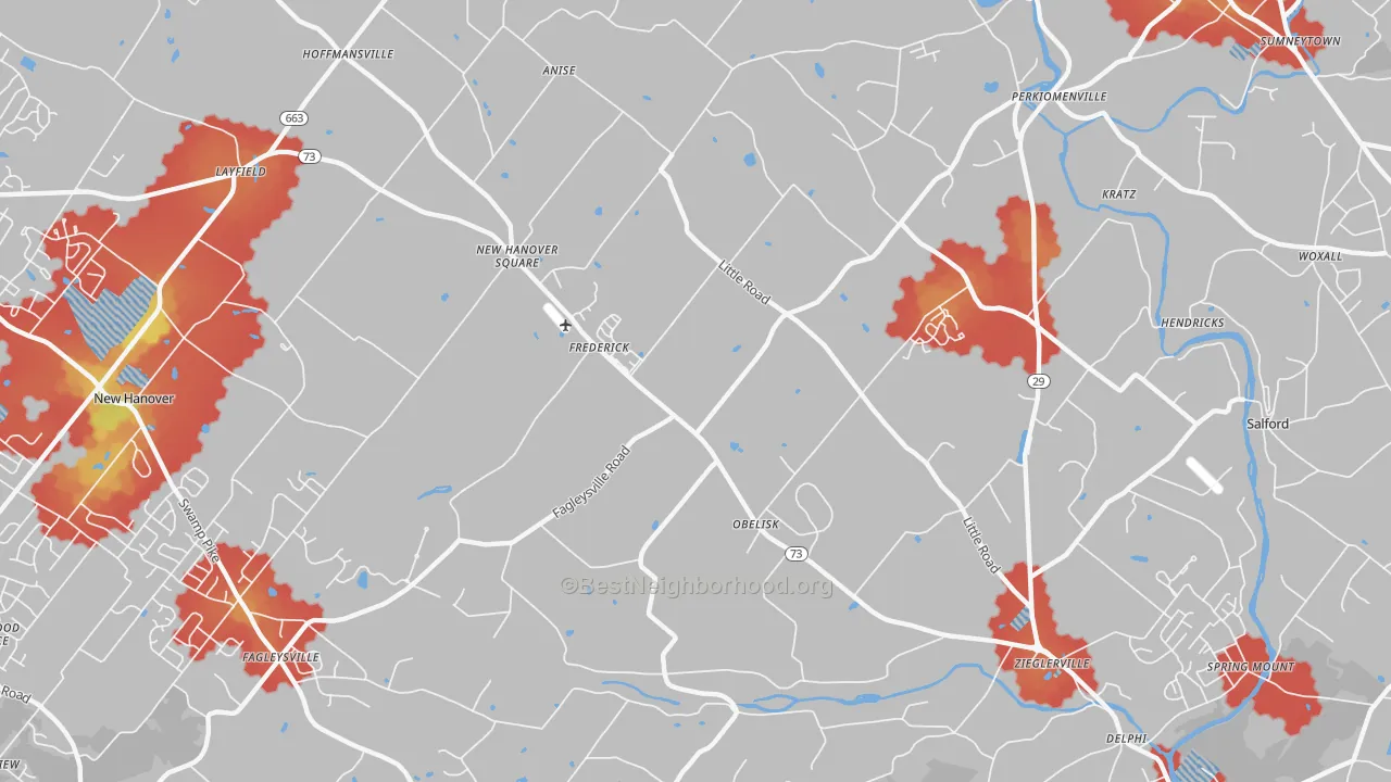 Walk Grade map of 19492, PA, walkable areas in green and car-dependent areas in red