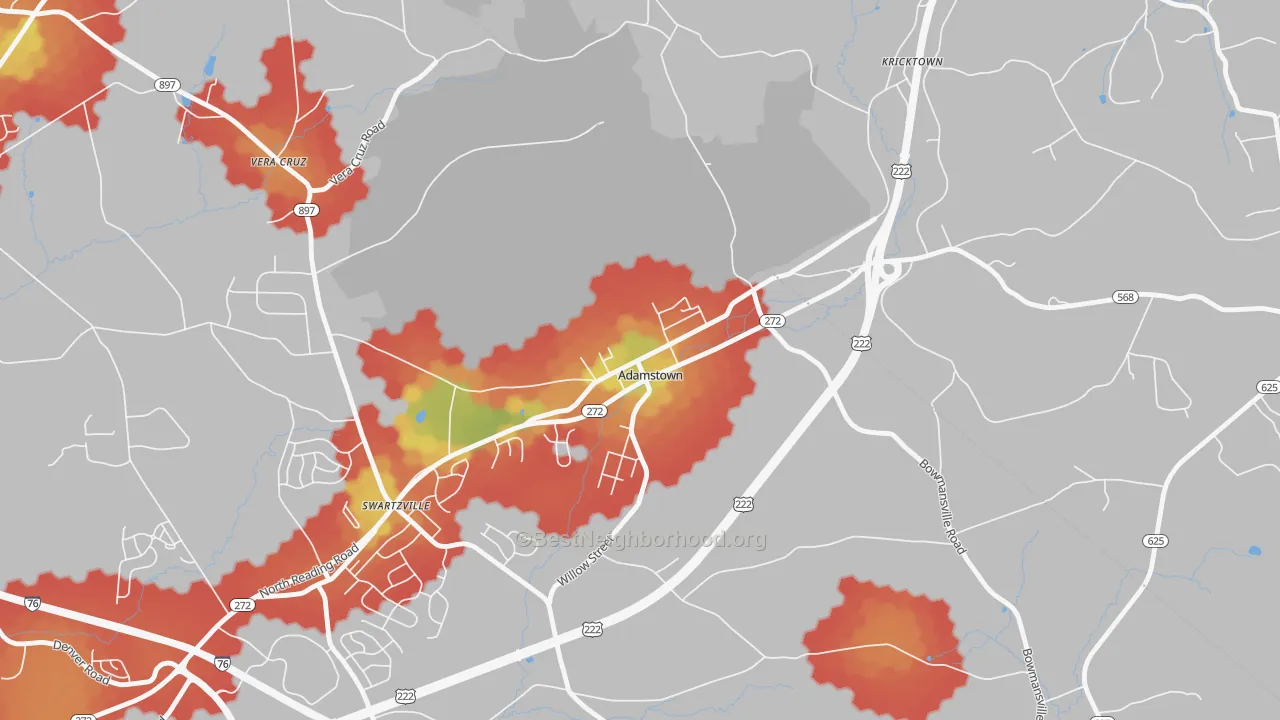 Walk Grade map of 19501, PA, walkable areas in green and car-dependent areas in red