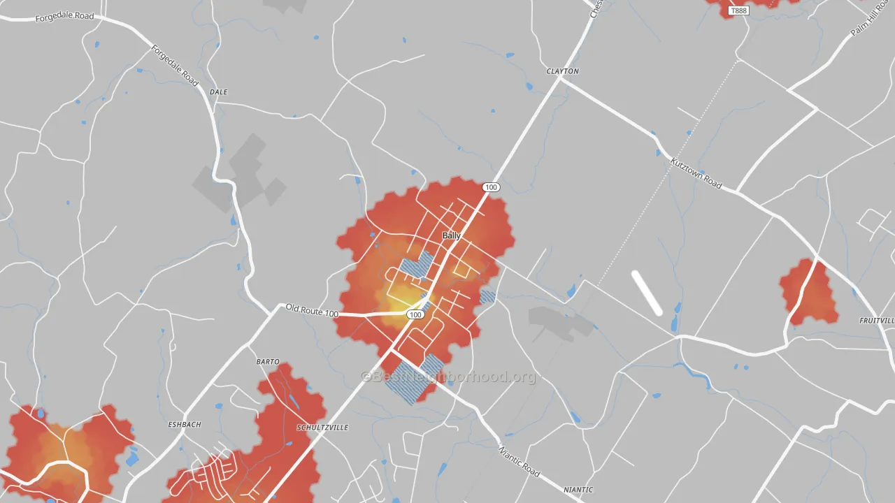 Walk Grade map of 19503, PA, walkable areas in green and car-dependent areas in red