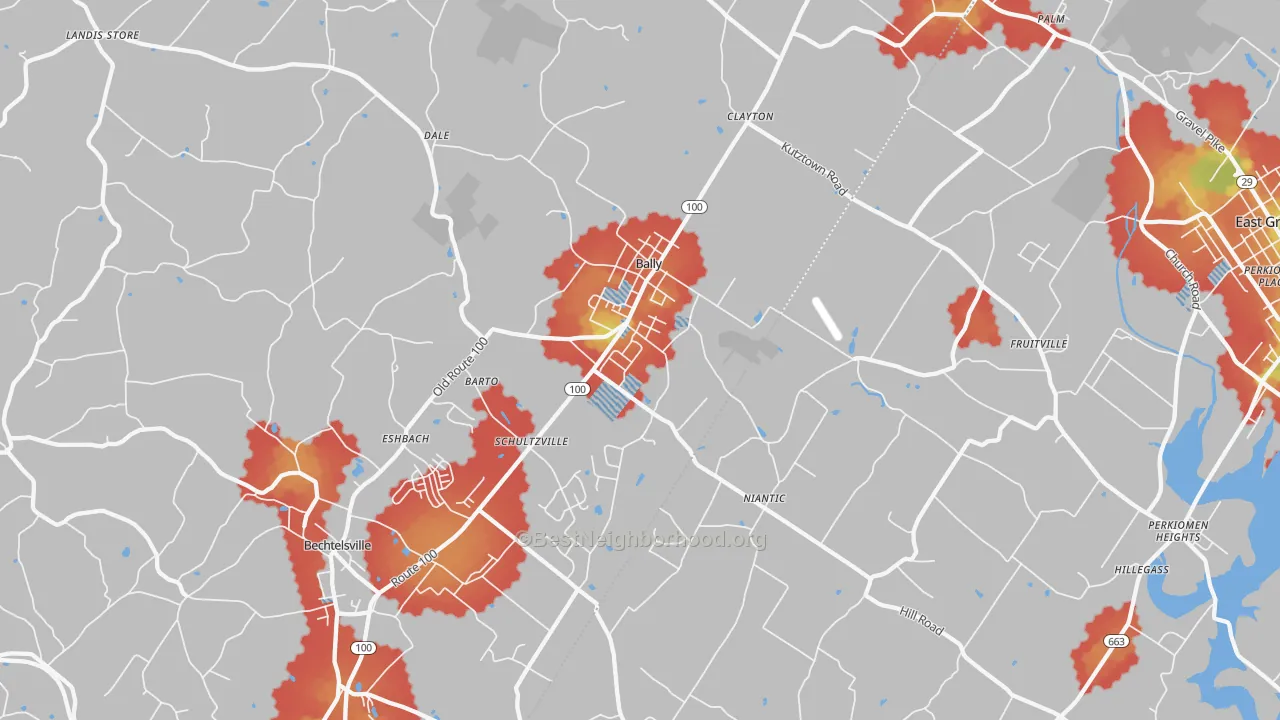Walk Grade map of 19504, PA, walkable areas in green and car-dependent areas in red