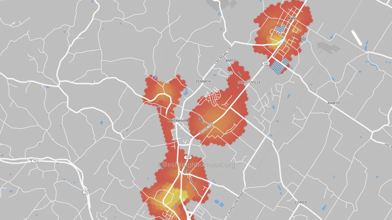 Walk Grade map of 19505, PA, walkable areas in green and car-dependent areas in red