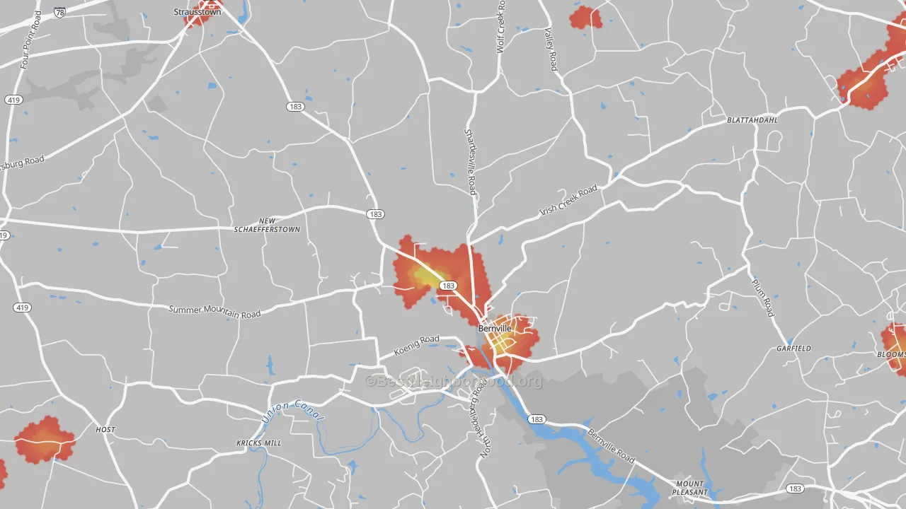 Walk Grade map of 19506, PA, walkable areas in green and car-dependent areas in red