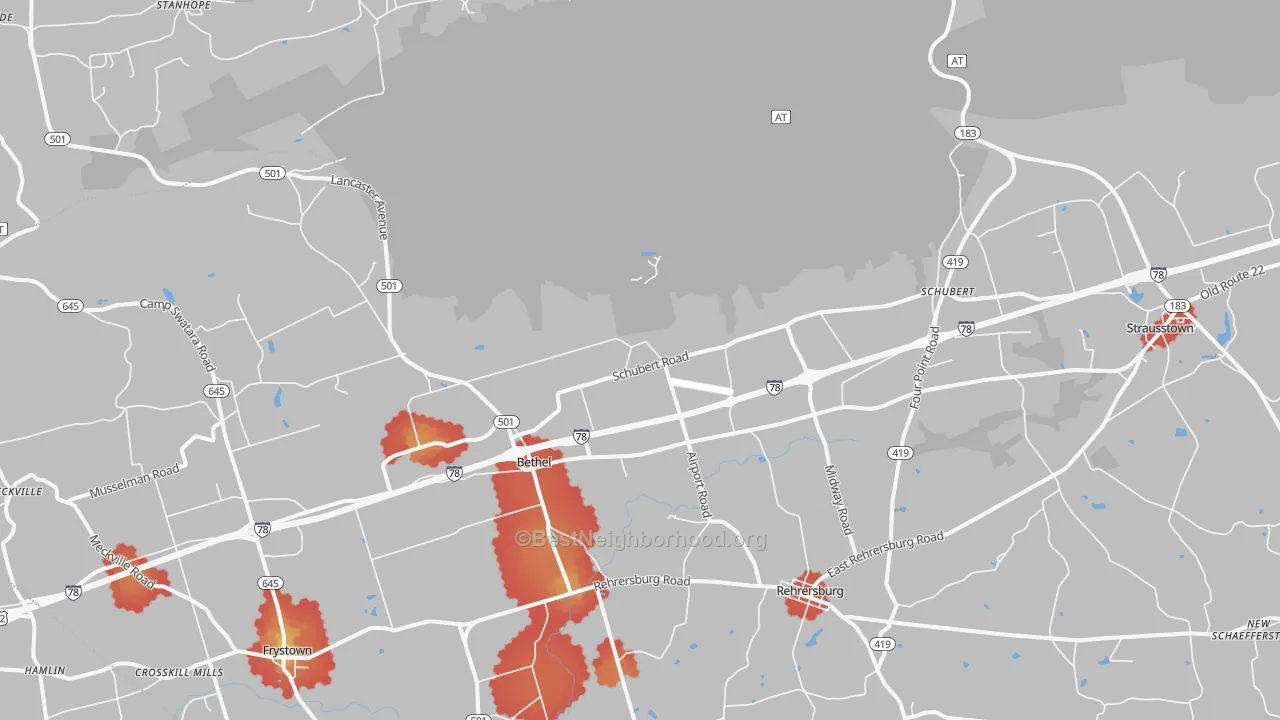 Walk Grade map of 19507, PA, walkable areas in green and car-dependent areas in red
