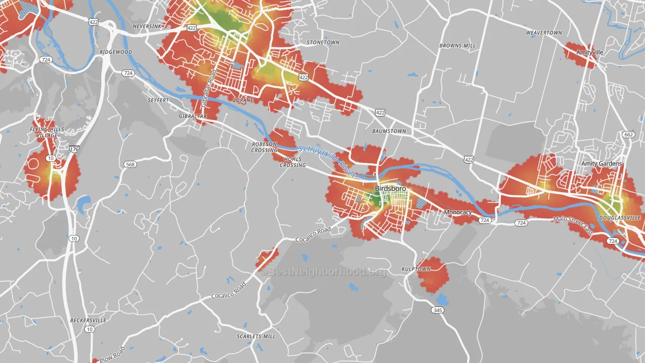 Walk Grade map of 19508, PA, walkable areas in green and car-dependent areas in red