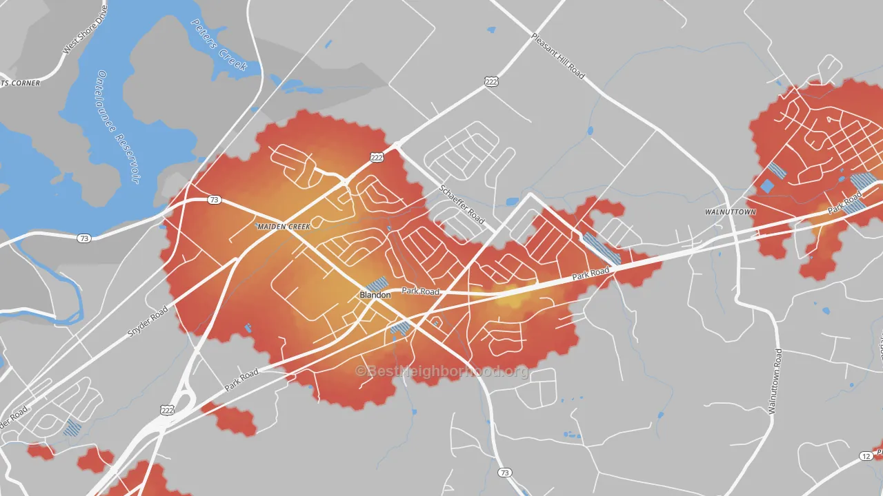 Walk Grade map of 19510, PA, walkable areas in green and car-dependent areas in red