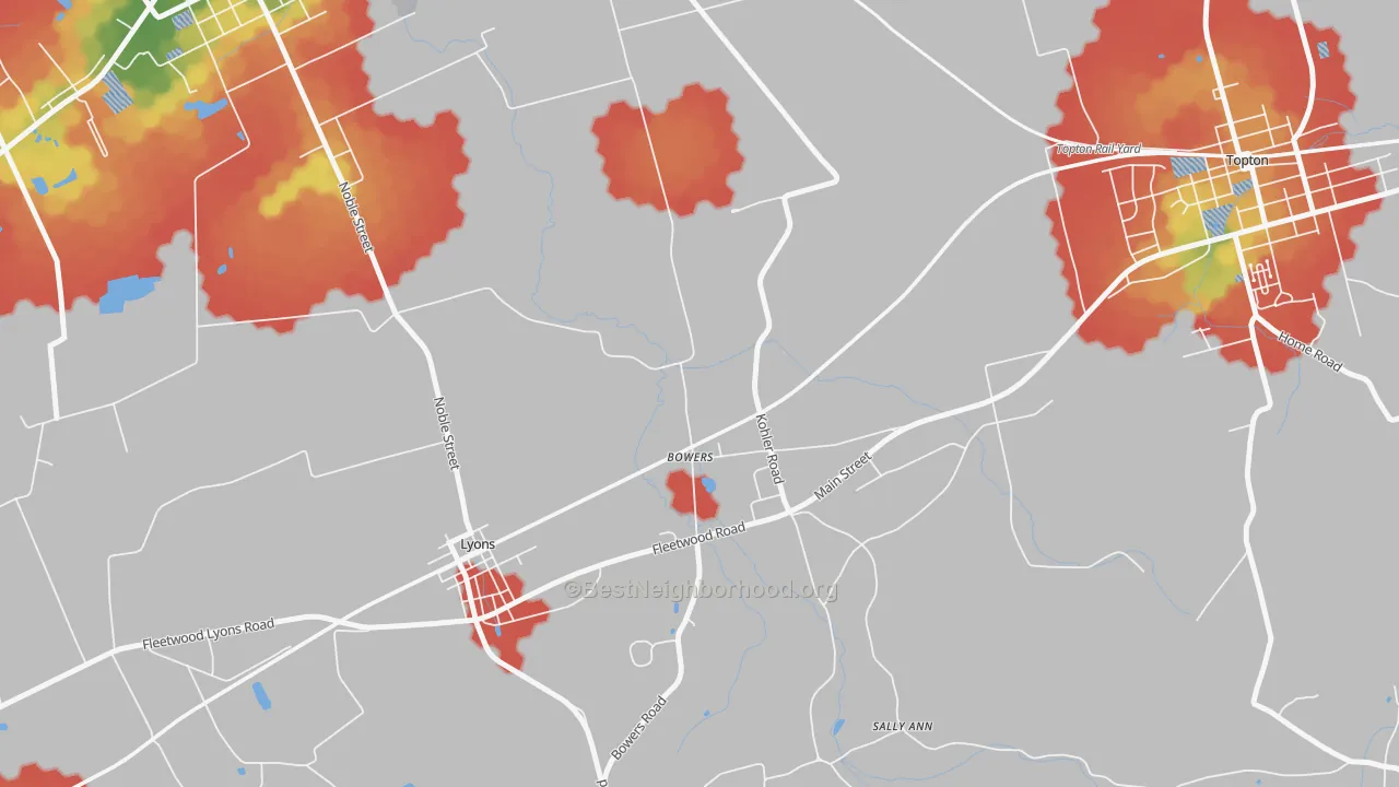 Walk Grade map of 19511, PA, walkable areas in green and car-dependent areas in red