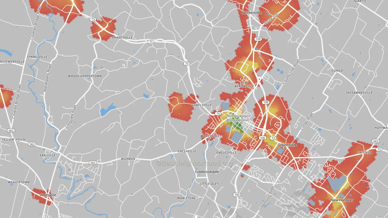 Walk Grade map of 19512, PA, walkable areas in green and car-dependent areas in red