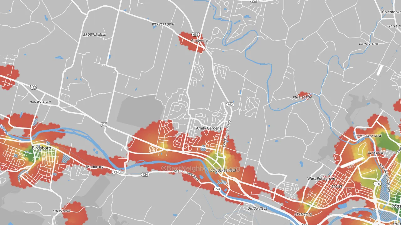 Walk Grade map of 19518, PA, walkable areas in green and car-dependent areas in red