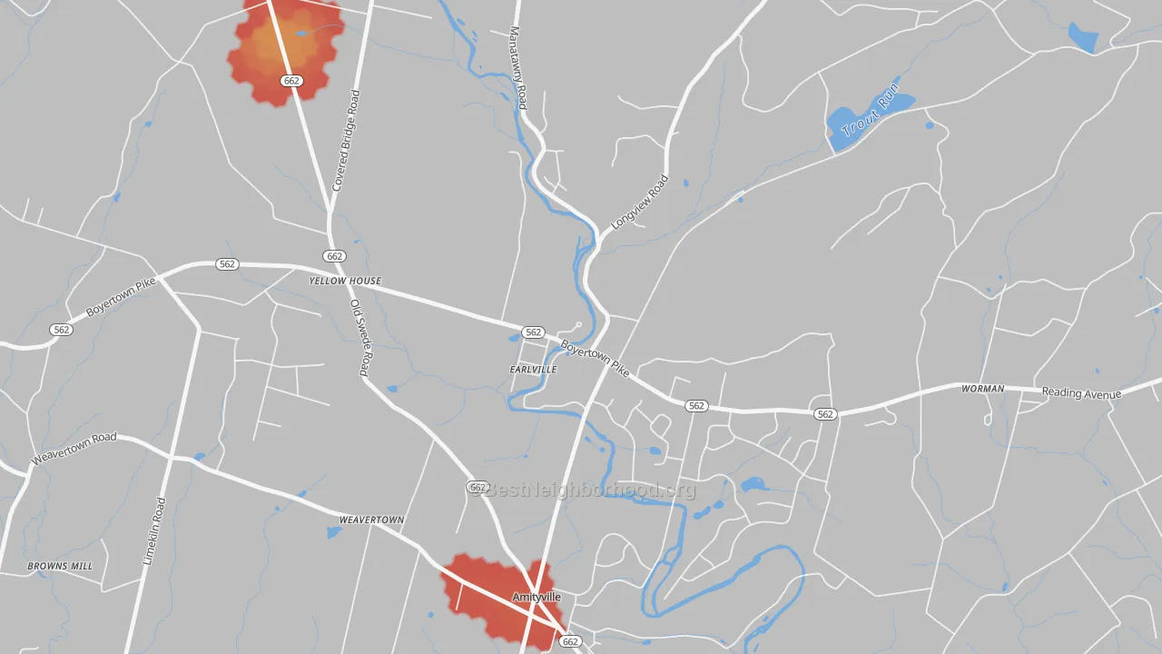 Walk Grade map of 19519, PA, walkable areas in green and car-dependent areas in red