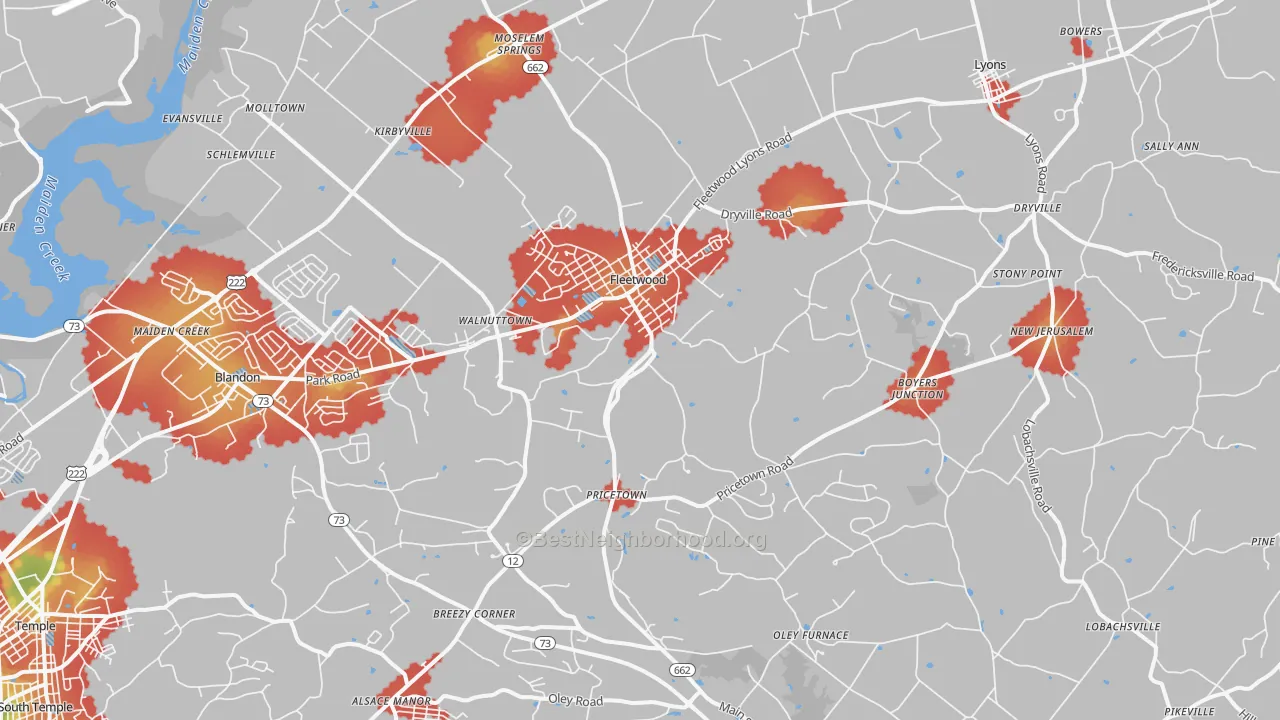 Walk Grade map of 19522, PA, walkable areas in green and car-dependent areas in red