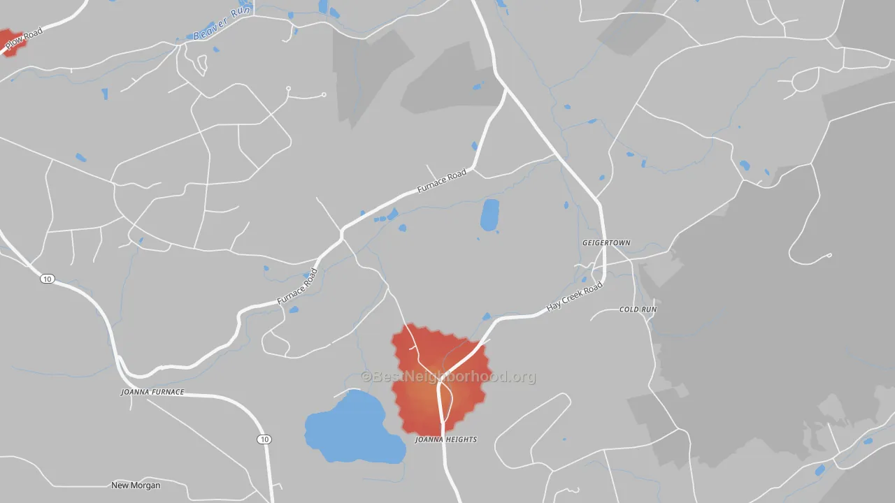 Walk Grade map of 19523, PA, walkable areas in green and car-dependent areas in red