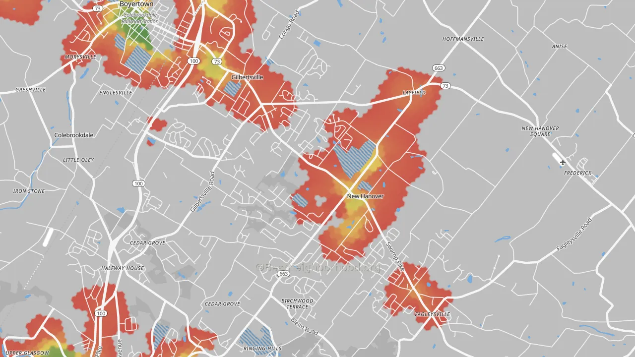 Walk Grade map of 19525, PA, walkable areas in green and car-dependent areas in red