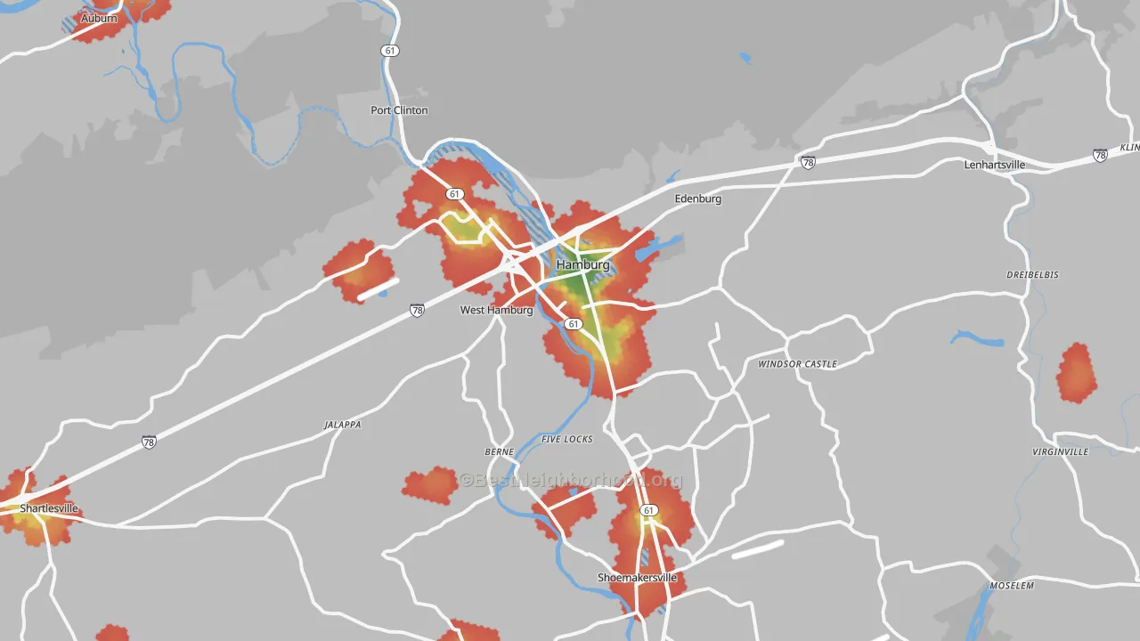 Walk Grade map of 19526, PA, walkable areas in green and car-dependent areas in red