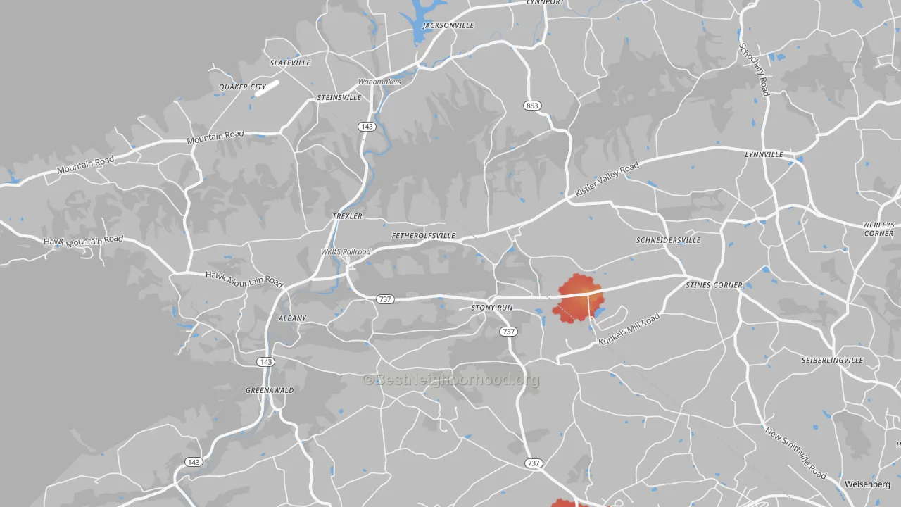 Walk Grade map of 19529, PA, walkable areas in green and car-dependent areas in red