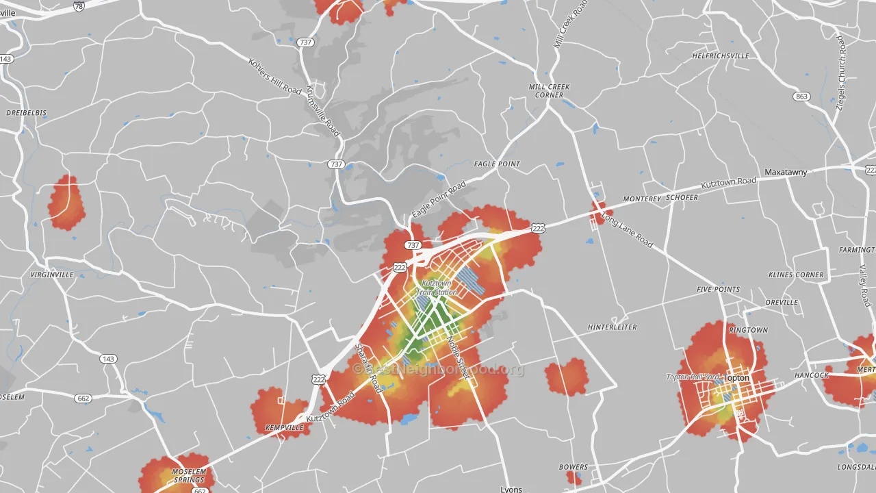 Walk Grade map of 19530, PA, walkable areas in green and car-dependent areas in red