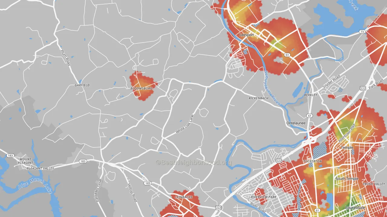 Walk Grade map of 19533, PA, walkable areas in green and car-dependent areas in red