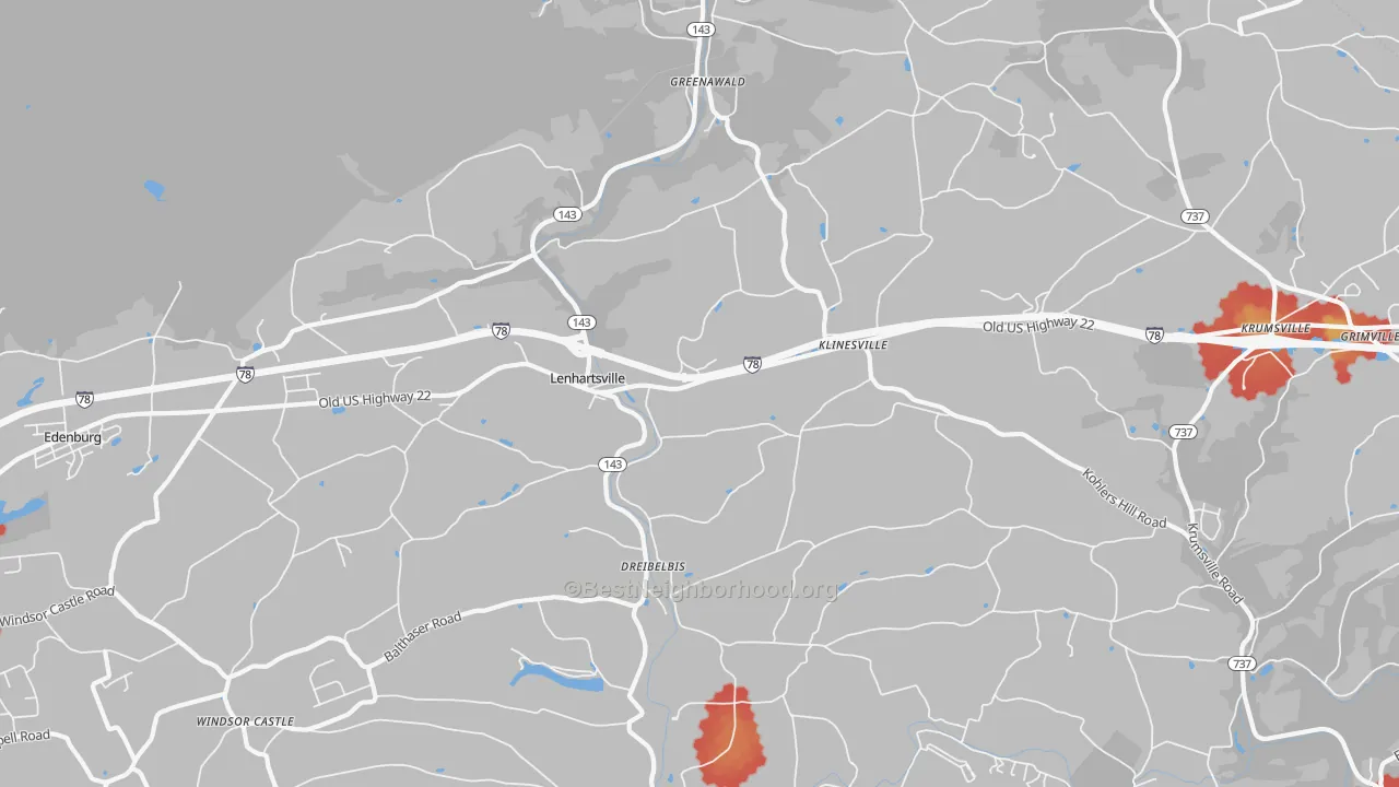 Walk Grade map of 19534, PA, walkable areas in green and car-dependent areas in red