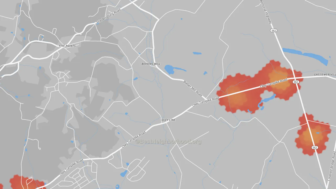 Walk Grade map of 19535, PA, walkable areas in green and car-dependent areas in red