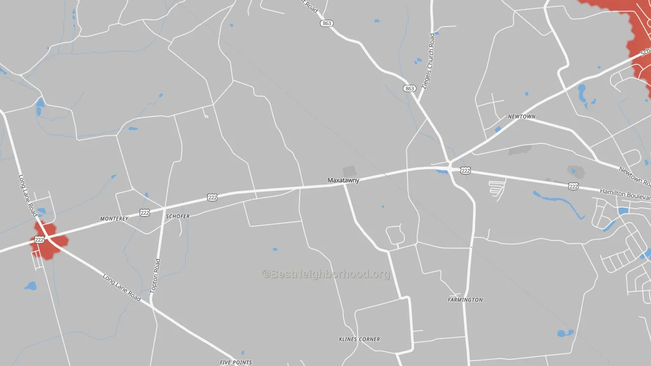 Walk Grade map of 19538, PA, walkable areas in green and car-dependent areas in red