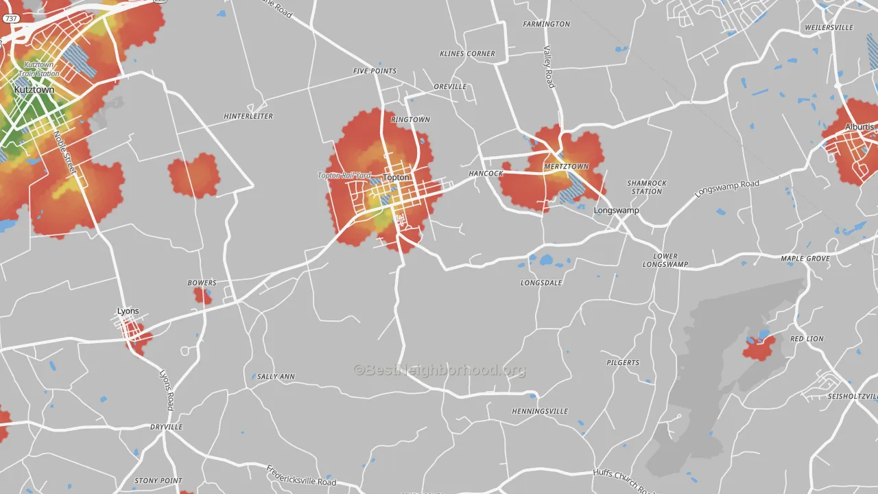 Walk Grade map of 19539, PA, walkable areas in green and car-dependent areas in red