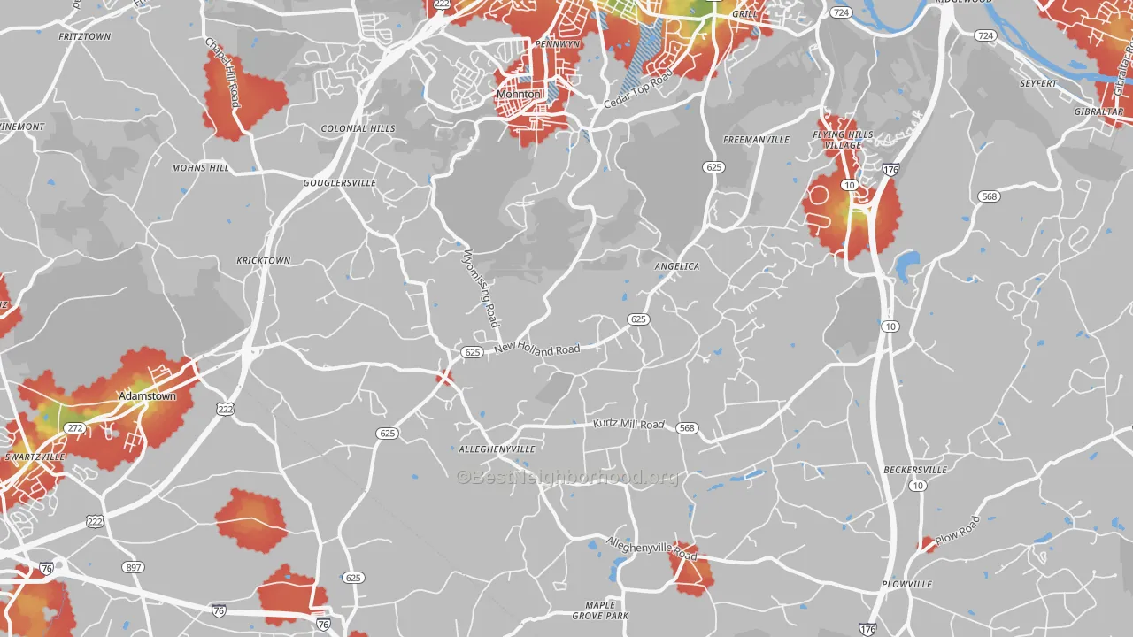 Walk Grade map of 19540, PA, walkable areas in green and car-dependent areas in red
