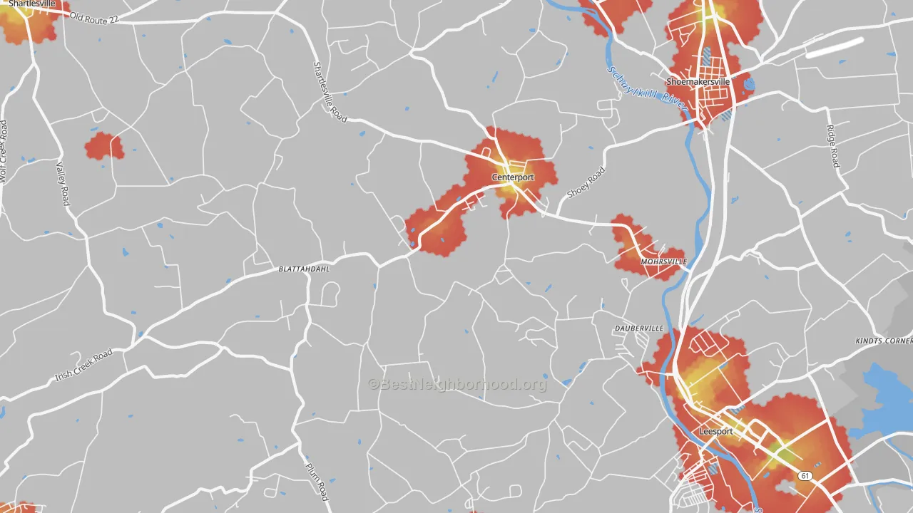 Walk Grade map of 19541, PA, walkable areas in green and car-dependent areas in red