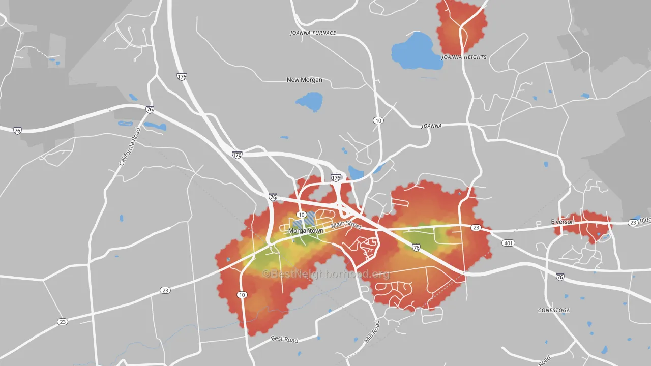 Walk Grade map of 19543, PA, walkable areas in green and car-dependent areas in red