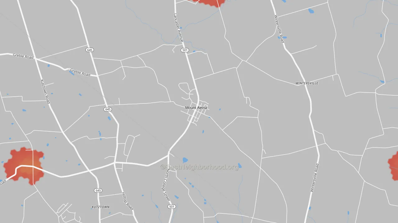 Walk Grade map of 19544, PA, walkable areas in green and car-dependent areas in red