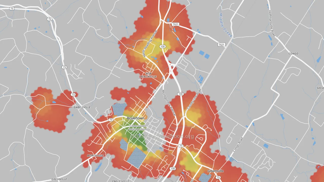 Walk Grade map of 19545, PA, walkable areas in green and car-dependent areas in red