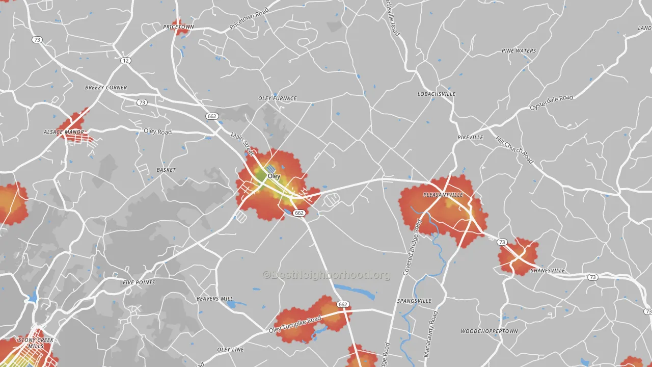 Walk Grade map of 19547, PA, walkable areas in green and car-dependent areas in red