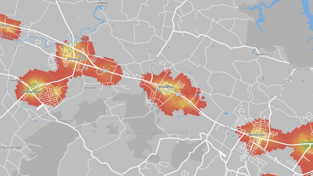 Walk Grade map of 19551, PA, walkable areas in green and car-dependent areas in red
