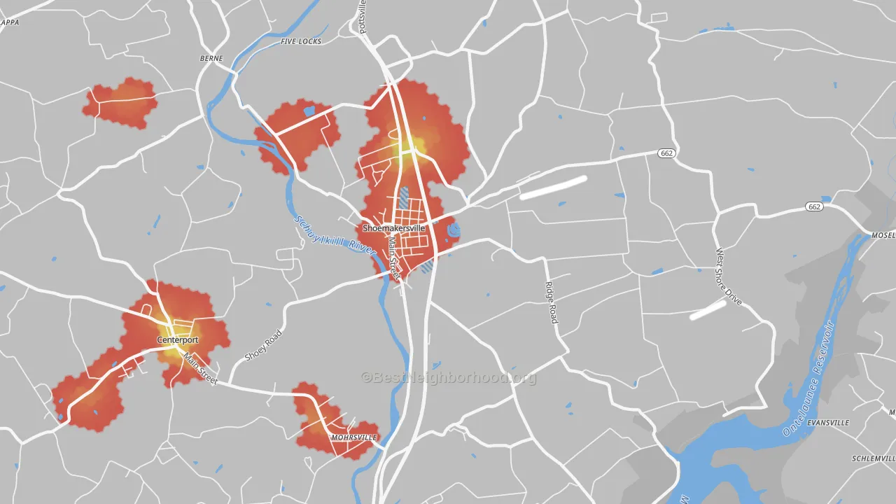 Walk Grade map of 19555, PA, walkable areas in green and car-dependent areas in red