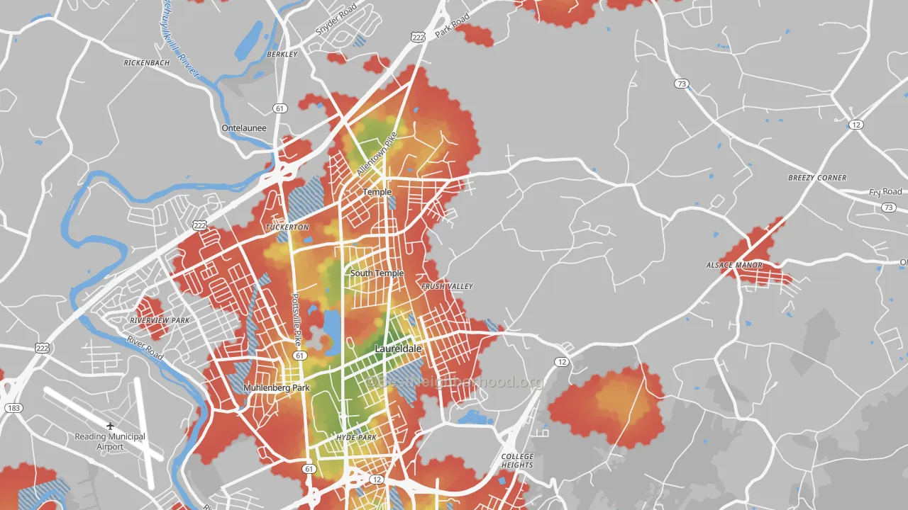 Walk Grade map of 19560, PA, walkable areas in green and car-dependent areas in red