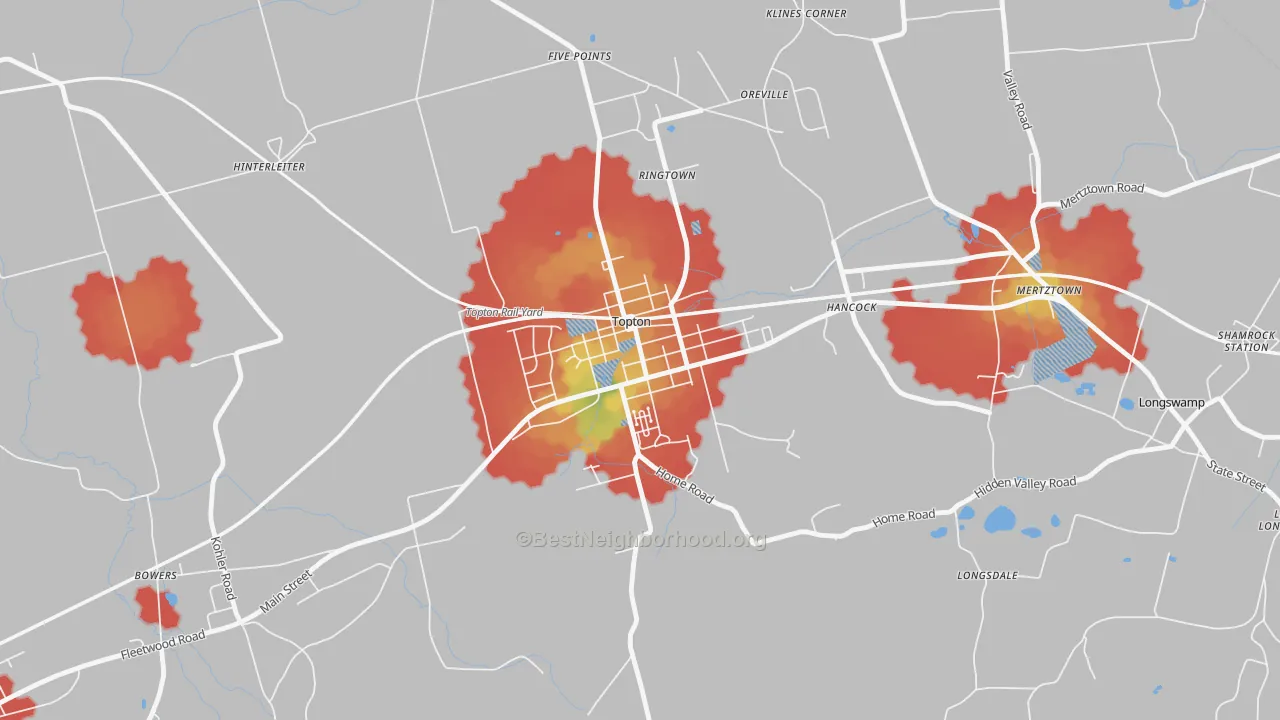 Walk Grade map of 19562, PA, walkable areas in green and car-dependent areas in red