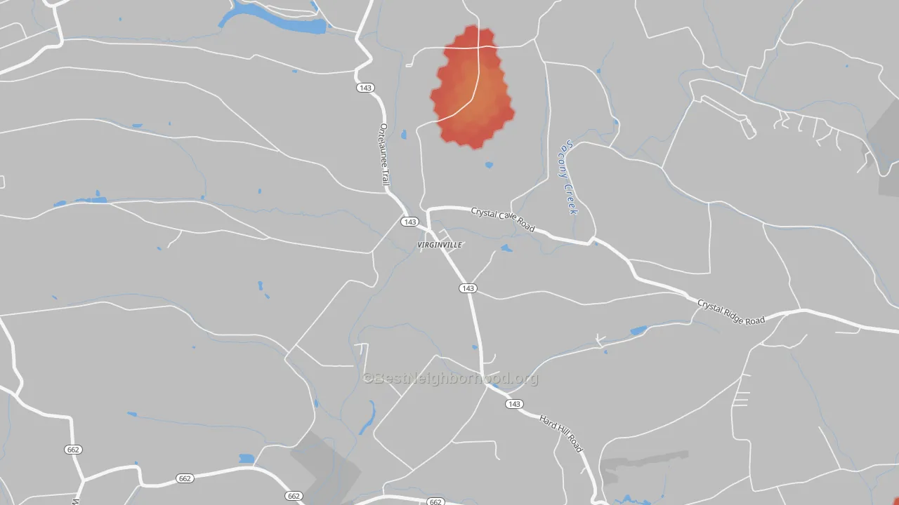 Walk Grade map of 19564, PA, walkable areas in green and car-dependent areas in red