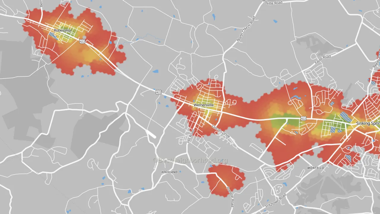 Walk Grade map of 19565, PA, walkable areas in green and car-dependent areas in red