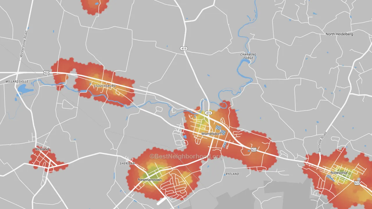 Walk Grade map of 19567, PA, walkable areas in green and car-dependent areas in red