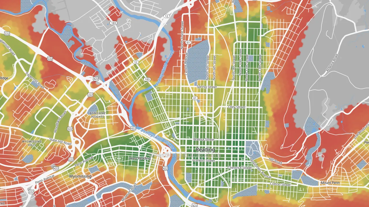 Walk Grade map of 19601, PA, walkable areas in green and car-dependent areas in red