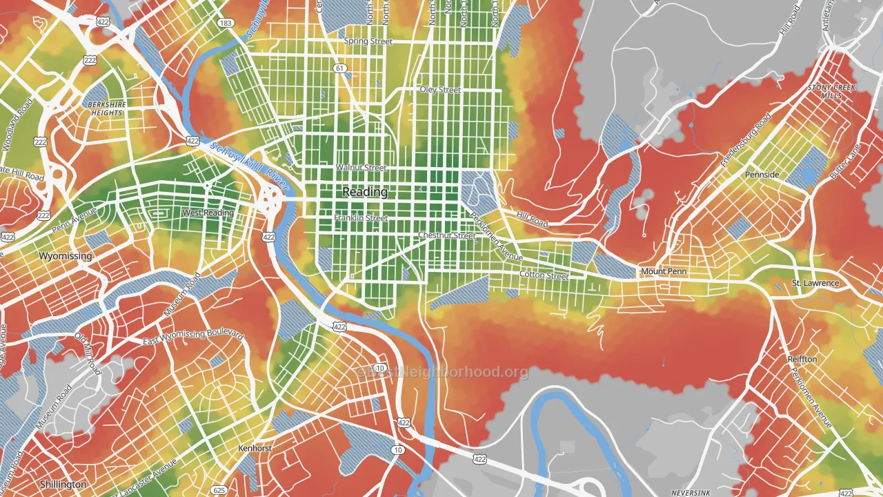 Walk Grade map of 19602, PA, walkable areas in green and car-dependent areas in red
