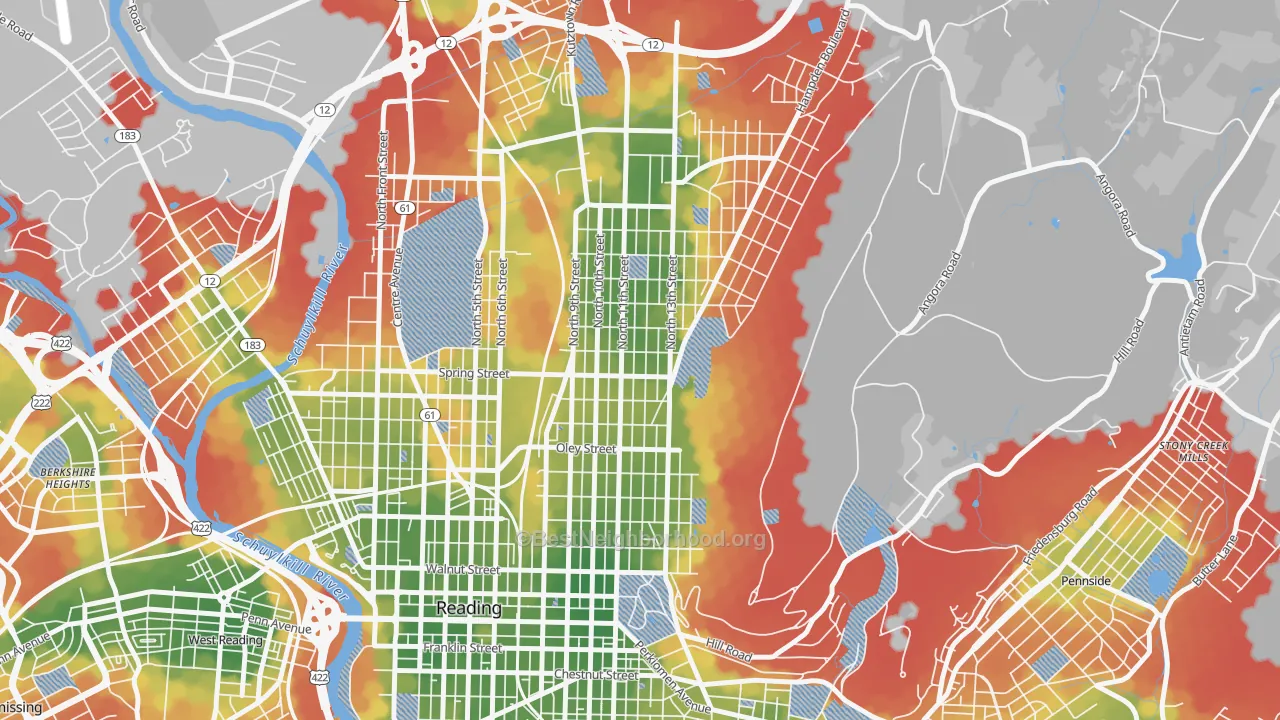 Walk Grade map of 19604, PA, walkable areas in green and car-dependent areas in red