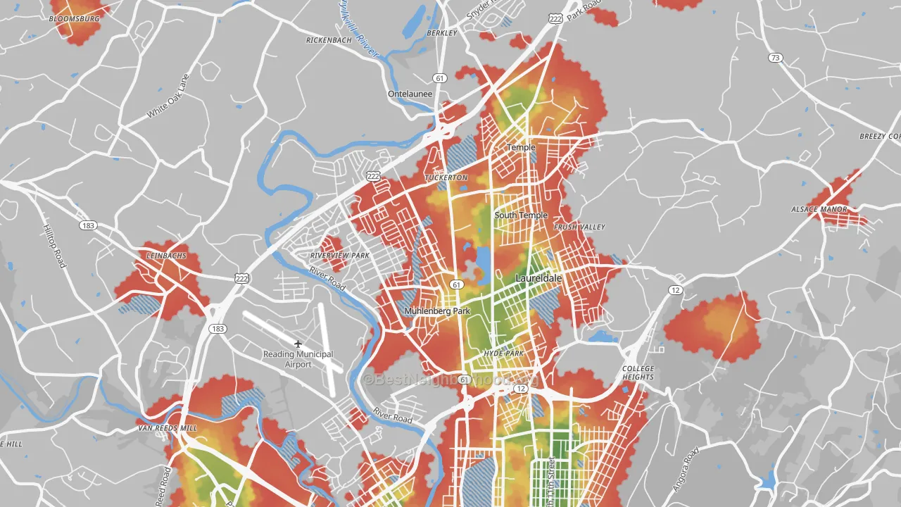 Walk Grade map of 19605, PA, walkable areas in green and car-dependent areas in red