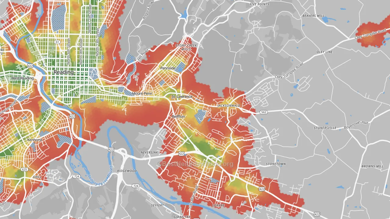 Walk Grade map of 19606, PA, walkable areas in green and car-dependent areas in red
