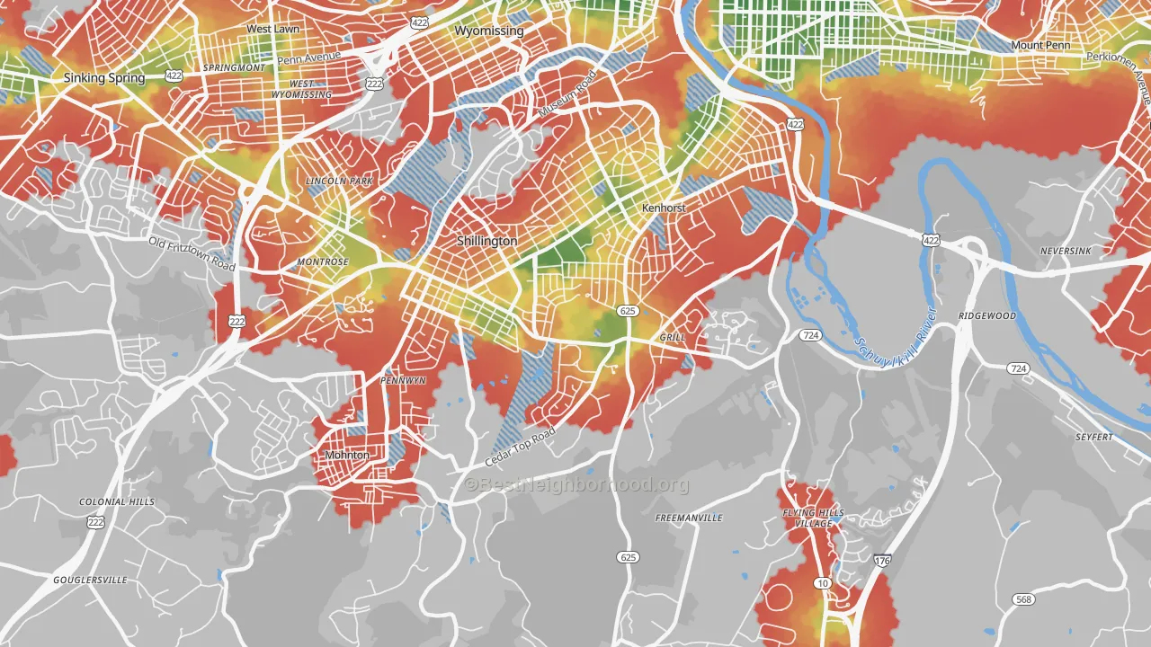 Walk Grade map of 19607, PA, walkable areas in green and car-dependent areas in red