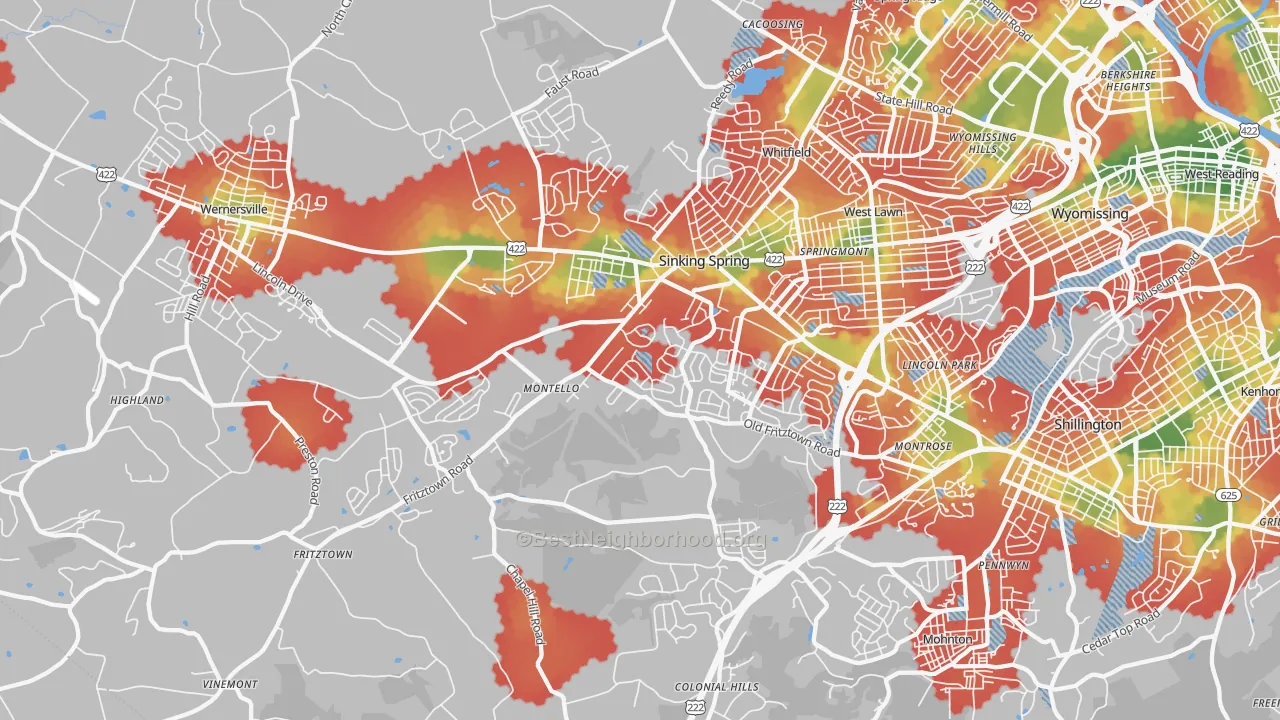 Walk Grade map of 19608, PA, walkable areas in green and car-dependent areas in red