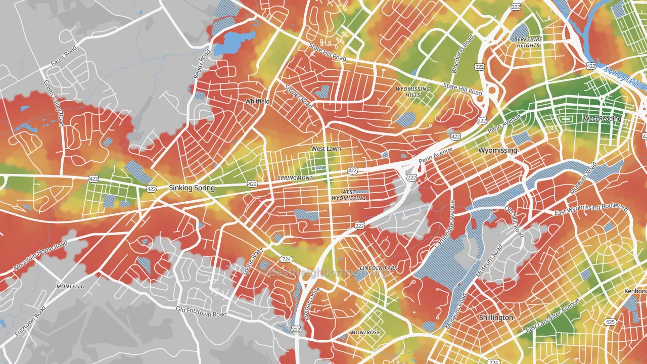 Walk Grade map of 19609, PA, walkable areas in green and car-dependent areas in red